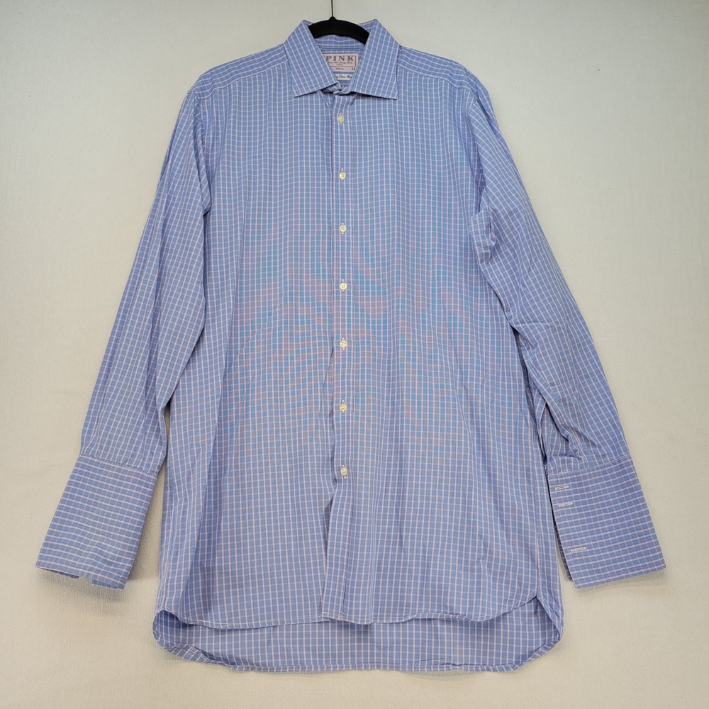 Thomas Pink Dress Shirt Mens 16.5/34 Blue Pink Check French Cuff Cotton Ireland